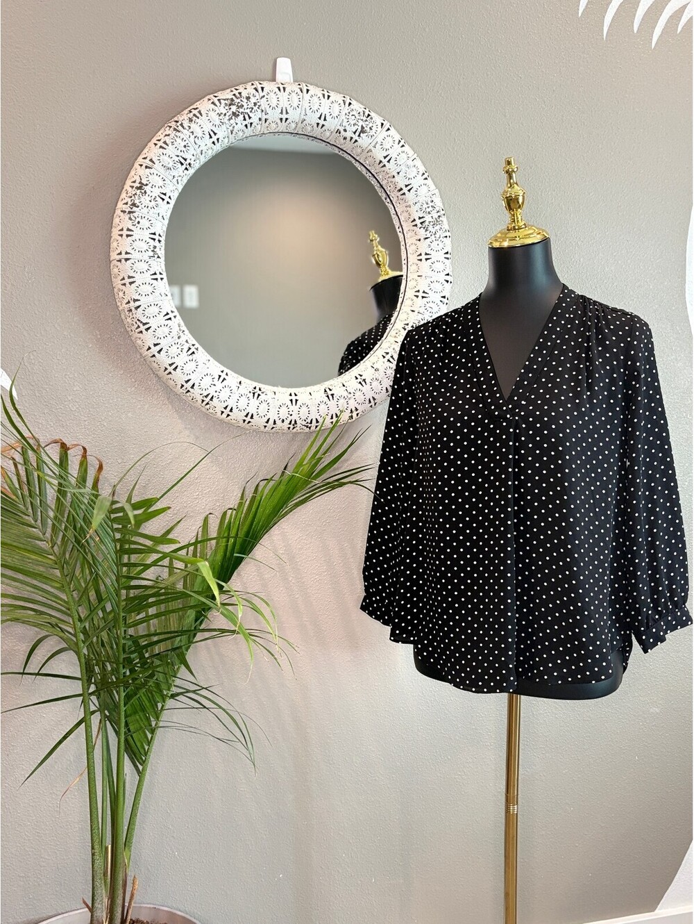 Vance Camuto Black Polka Dot Blouse with V-Neck and 3/4 Sleeves